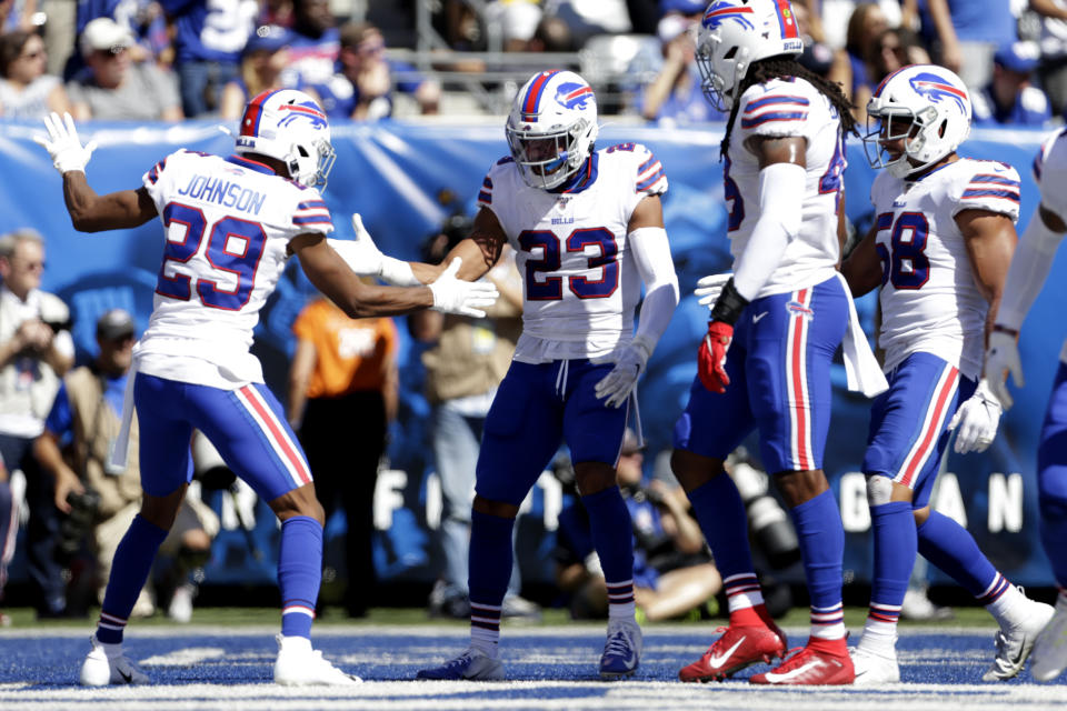 Buffalo Bills' Micah Hyde (23) celebrates with teammates during the first half of an NFL football game against the New York Giants, Sunday, Sept. 15, 2019, in East Rutherford, N.J. (AP Photo/Adam Hunger)