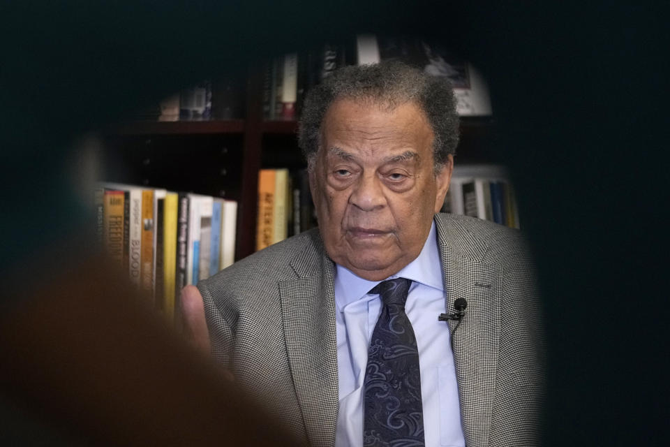 Civil Rights icon Andrew Young speaks during an interview with The Associated Press, May 18, 2023, in Atlanta. Young, one of the last surviving members of Martin Luther King Jr.'s inner circle, recalled the journey to the signing of the Voting Rights Act as an arduous one, often marked by violence and bloodshed.(AP Photo/Brynn Anderson)