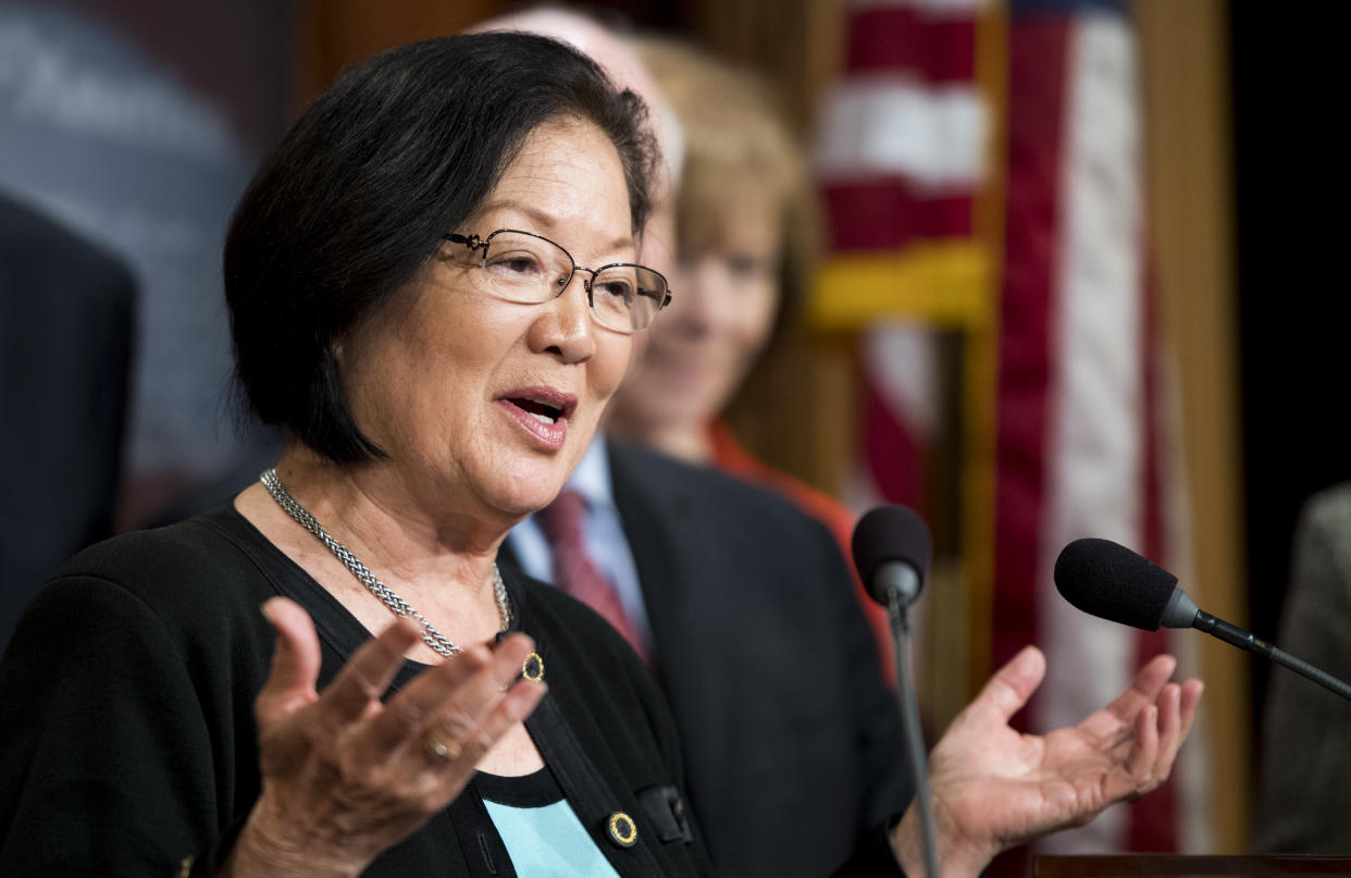 Sen. Mazie Hirono, D-Hawaii, speaks during the Senate Democrats’ news conference to officially file a petition to force a vote on net neutrality, May 9, 2018. (Photo: Bill Clark/CQ Roll Call)