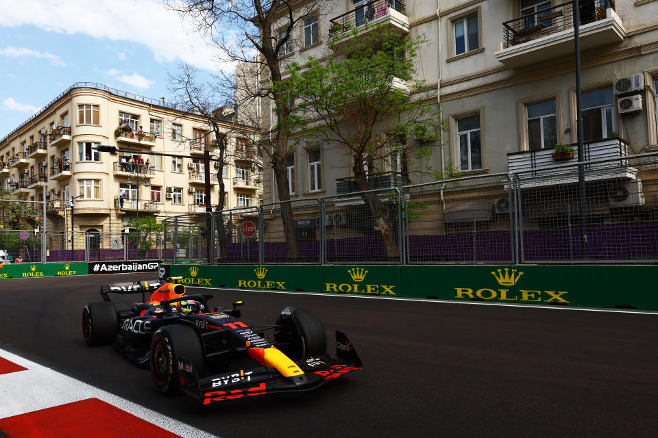 BAKU, AZERBAIJAN - APRIL 30: Sergio Perez of Mexico driving the (11) Oracle Red Bull Racing RB19 on track during the F1 Grand Prix of Azerbaijan at Baku City Circuit on April 30, 2023 in Baku, Azerbaijan. (Photo by Mark Thompson/Getty Images)