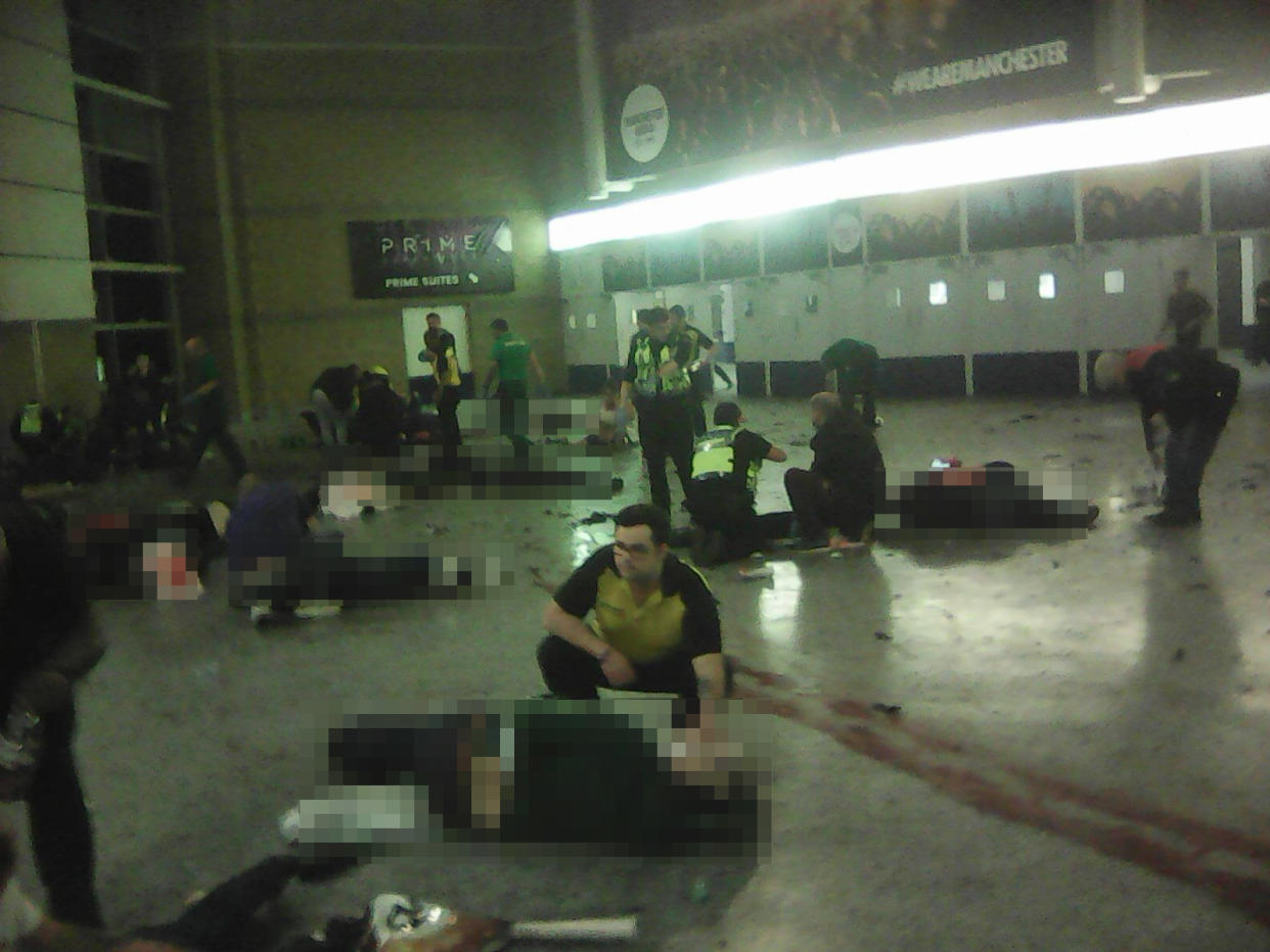 Stricken victims in the foyer of the Manchester Arena after the suicide blast: PA