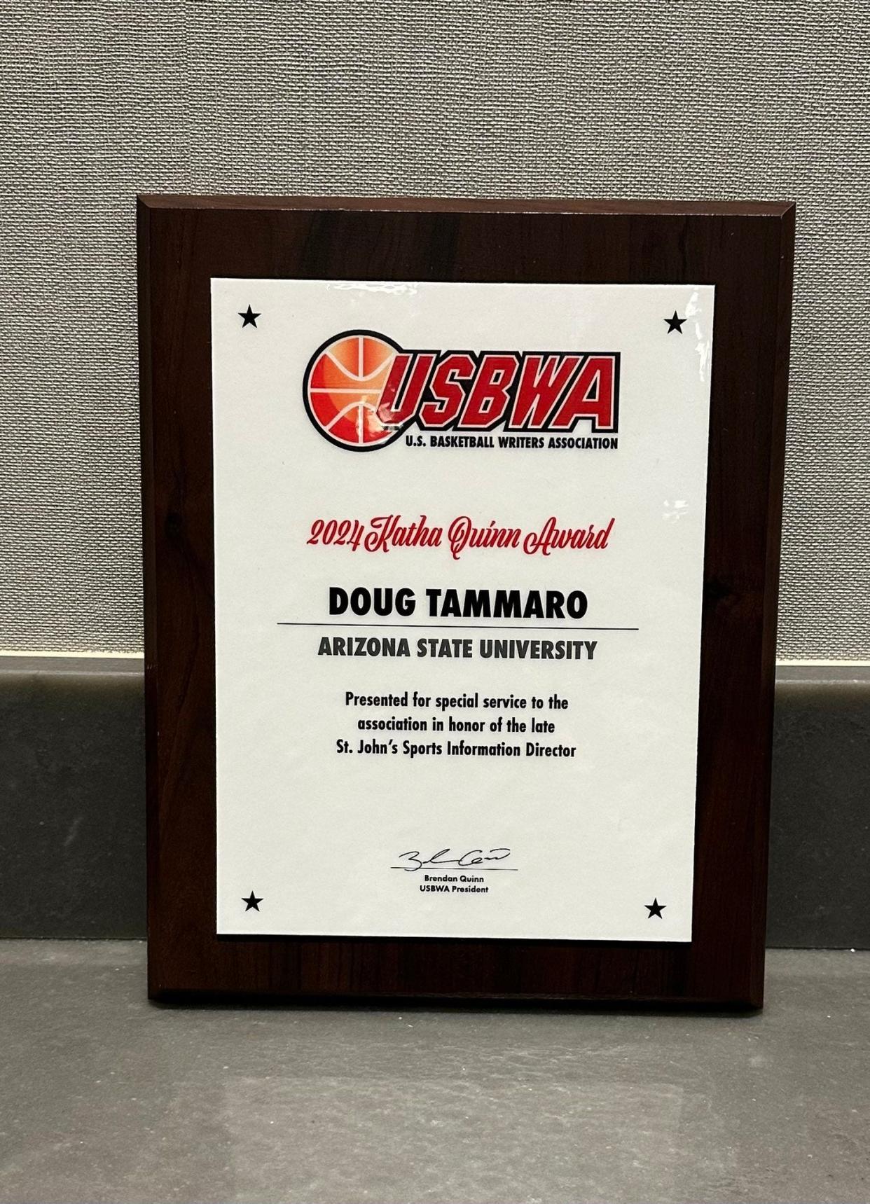 Doug Tammaro’s Katha Quinn Award Plaque at the 2024 USBWA awards luncheon on Monday April, 8 in Glendale, Ariz. (Photo Courtesy: Brooke Tammaro-Villone)