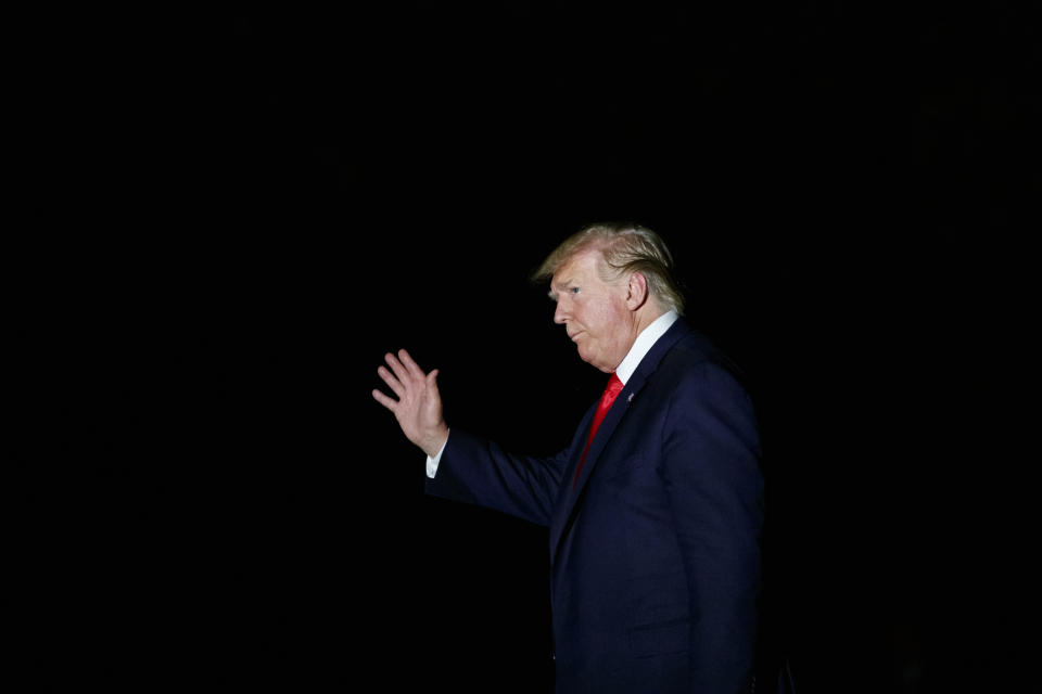 President Donald Trump waves as he walks from Marine One and across the South Lawn at the White House in Washington, Friday, July 12, 2019, as he returns from Cleveland, Ohio. (AP Photo/Carolyn Kaster)