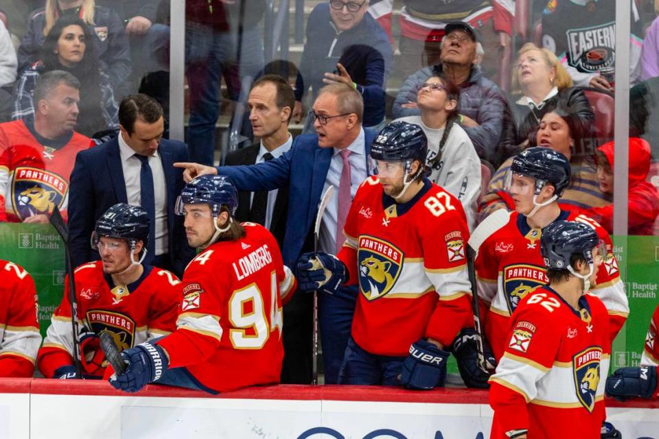 Florida Panthers Head Coach Paul Maurice speaks to an official during the third period of an NHL game against the New York Rangers at Amerant Bank Arena in Sunrise, Florida, on Friday, December 29, 2023.