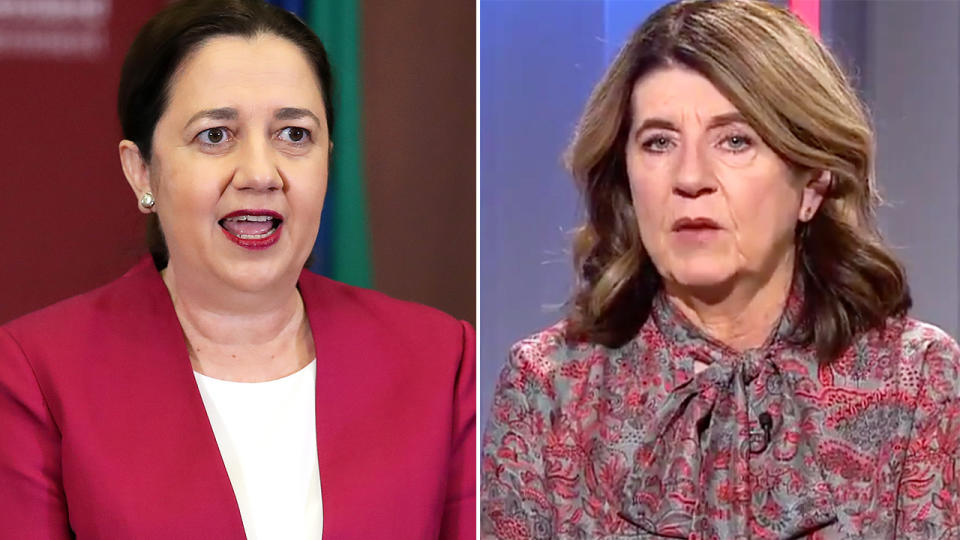 Annastacia Palaszczuk and Caroline Wilson, pictured here speaking to the media.