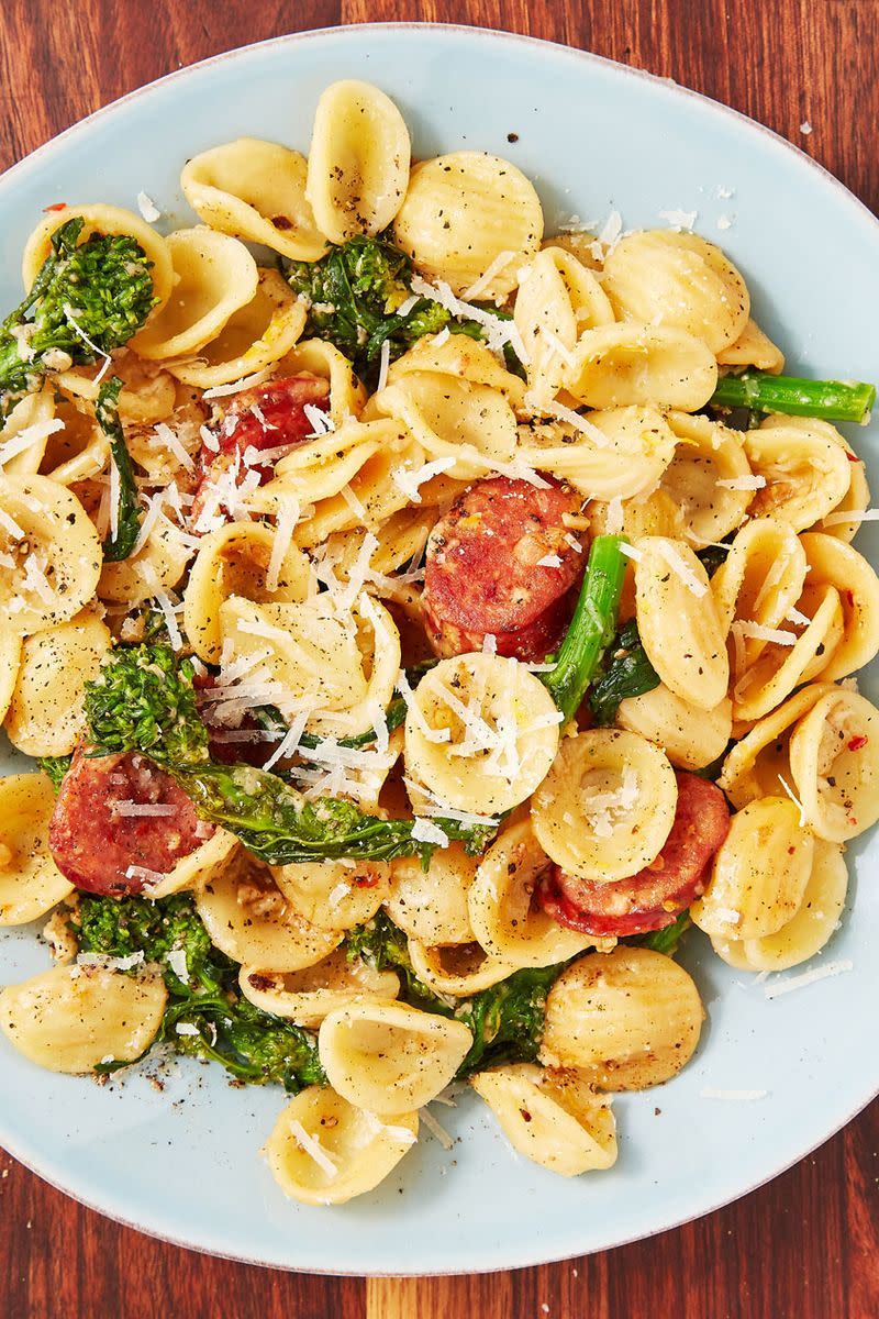 <p>Orecchiette, literally translating to "little ears" in Italian, is a crazy underrated and under-utilised pasta in the home kitchen. The tiny little indentations catch so much sauce! Here, the sauce is similar to that of <a href="https://www.delish.com/uk/cooking/recipes/a30252529/cacio-e-pepe-recipe/" rel="nofollow noopener" target="_blank" data-ylk="slk:cacio e pepe;elm:context_link;itc:0;sec:content-canvas" class="link ">cacio e pepe</a>. You just need butter, pasta water, pepper, and cheese. Toasting the pepper in butter is key, folks. DO NOT skip it. </p><p>Get the <a href="https://www.delish.com/uk/cooking/recipes/a30907235/orecchiette-pasta-with-broccoli-rabe-recipe/" rel="nofollow noopener" target="_blank" data-ylk="slk:Orecchiette With Broccoli;elm:context_link;itc:0;sec:content-canvas" class="link ">Orecchiette With Broccoli</a> recipe.</p>