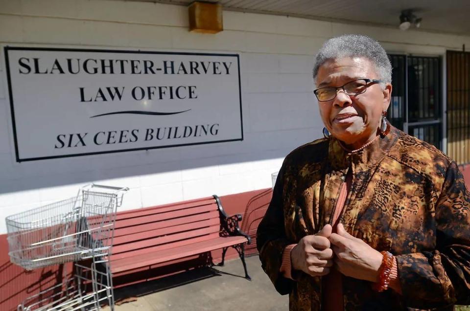 Constance Slaughter-Harvey, at her law office located in the building that once housed her parents store, the Six Cees, the first Black owned business of its kind in Scott County. Slaughter-Harvey purchased the building in 1977 and converted it into her law office in Forest..