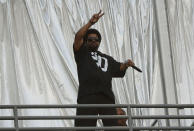 Actor and rapper Ice Cube performs before the season opener of an NFL football game between the San Diego Chargers and Oakland Raiders at Oakland-Alameda County Coliseum on September 10, 2012 in Oakland, California. (Photo by Thearon W. Henderson/Getty Images)