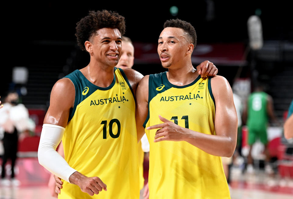 <p>SAITAMA, JAPAN - JULY 25: Matisse Thybulle and Dante Exum of Australia celebrate victory after the preliminary rounds of the Men's Basketball match between Australia and Nigeria on day two of the Tokyo 2020 Olympic Games at Saitama Super Arena on July 25, 2021 in Saitama, Japan. (Photo by Bradley Kanaris/Getty Images)</p> 