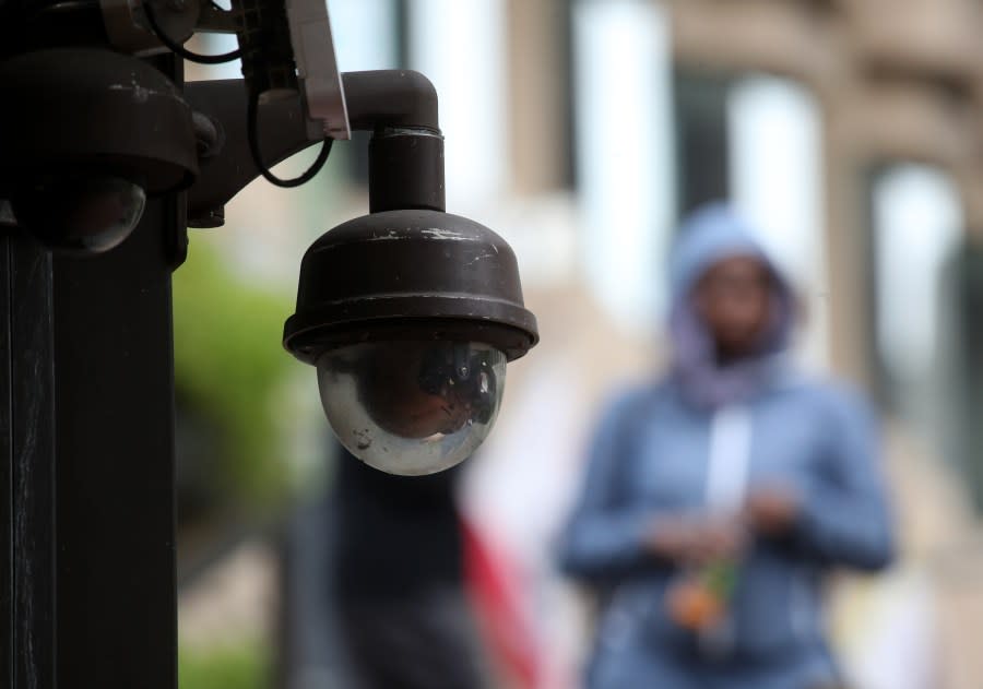 SAN FRANCISCO, CALIFORNIA – MAY 14: A video surveillance camera hangs from the side of a building on May 14, 2019 in San Francisco, California. San Francisco could be the first city in the United States to ban facial recognition technology by police and city agencies. The San Francisco board of supervisors will vote on the measure today. (Photo by Justin Sullivan/Getty Images)