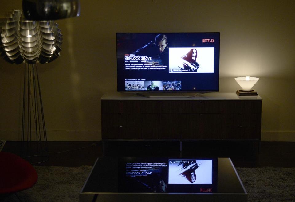 This photo shows a television screen displaying the French user interface of US online streaming giant Netflix, on September 15, 2014 in Paris: STEPHANE DE SAKUTIN/AFP via Getty Images