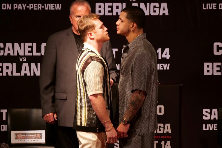 Champion Saul 'Canelo' Alvarez and Edgar Berlanga face off during a press conference to promote their super middleweight world title fight (Kaelin Mendez)