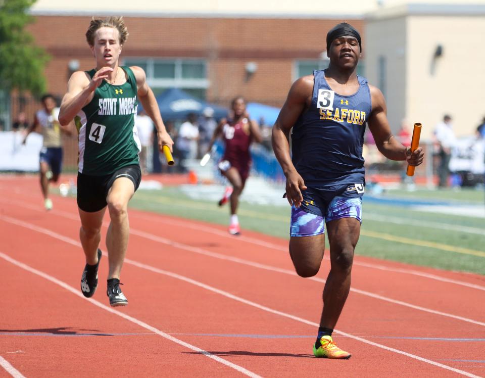 Seaford's Jazonte Levan (right), shown here winning the DIAA Division II 4x200-meter relay last week, won the boys 200-meter dash at the Meet of Champions on Wednesday night.