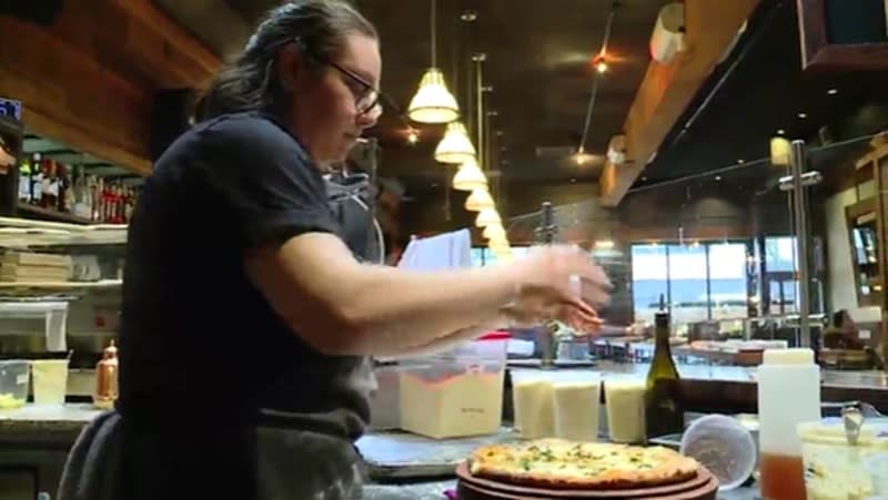 A pizza being made at Oven and Shaker in Portland, January 20, 2024 (KOIN)