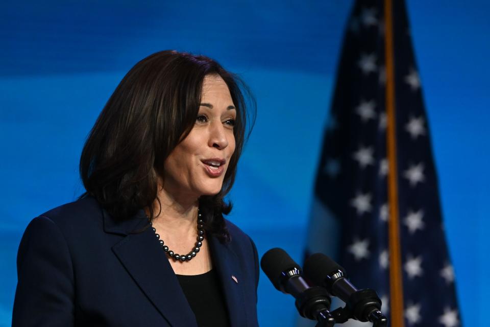 Vice President-elect Kamala Harris speaking in Wilmington, Del., earlier this month. She is the subject of the new biography, "Kamala's Way," out Tuesday.
