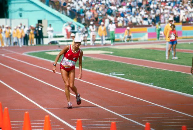 LOS ANGELES, CA - CIRCA 1984: Marathon runner Gabriela Andersen-Schiess of Switzerland limped around the track to finish 37th in the Women's marathon during the Games of the XXIII Olympiad in the 1984 Summer Olympics circa 1984 at the Los Angeles Memorial Coliseum in Los Angeles, California. (Photo by Focus on Sport/Getty Images) (Photo: Focus On Sport via Getty Images)