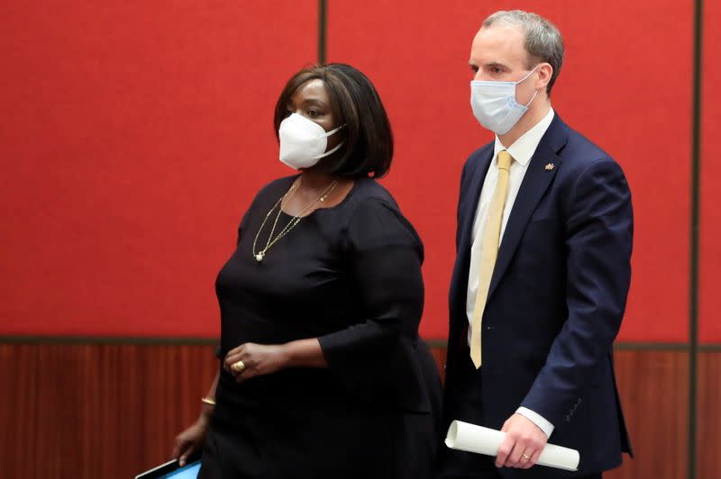 Britain's Foreign Secretary Raab and Kenya's Cabinet Secretary for Foreign Affairs Omamo arrive for a news conference in Nairobi