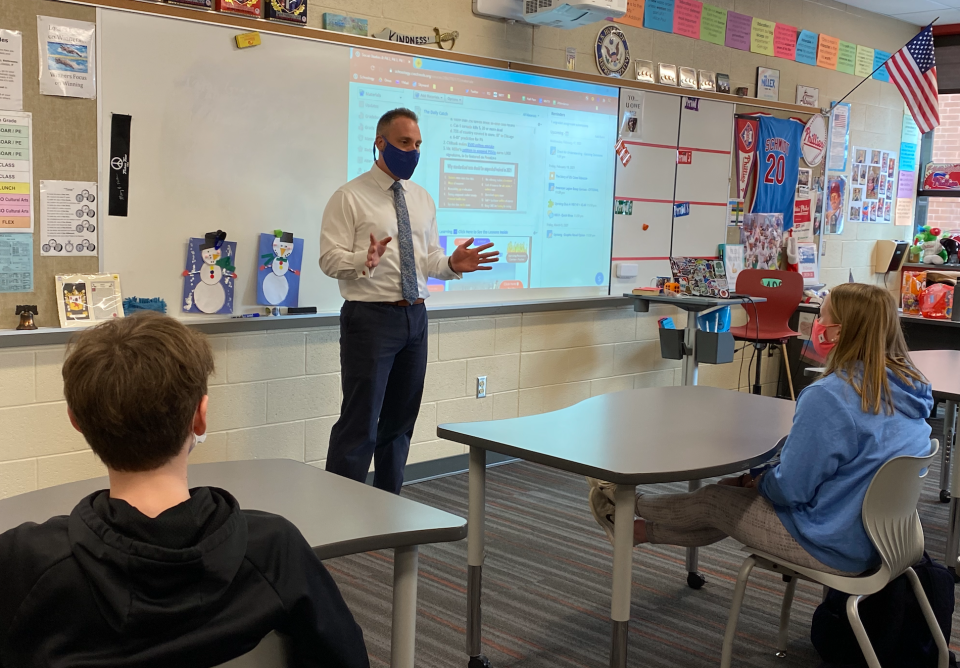 Jake Miller teaching a class at Mountain View Middle School in Mechanicsburg, where he worked until last year.