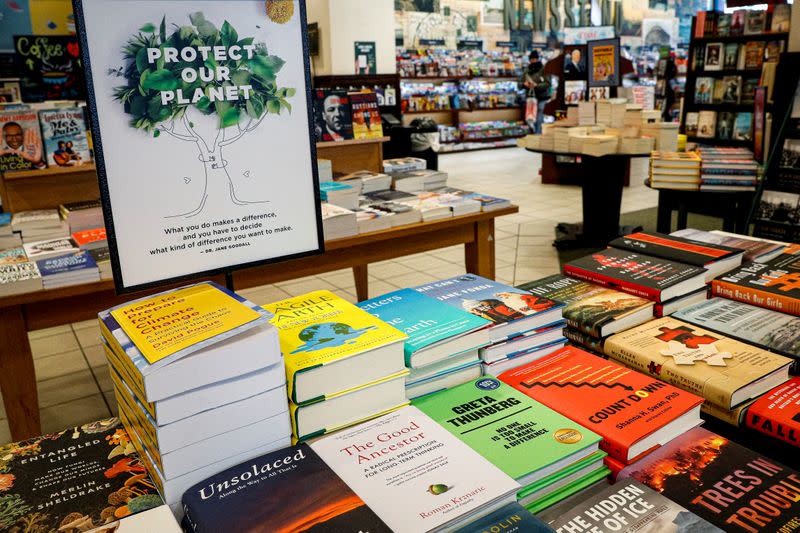 Climate change themed books are displayed together at a Barnes & Noble book store in Brooklyn, New York