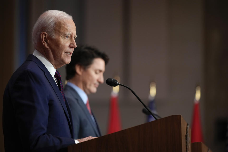 President Joe Biden speaks during a news conference with Canadian Prime Minister Justin Trudeau, Friday, March 24, 2023, in Ottawa, Canada. (AP Photo/Andrew Harnik)