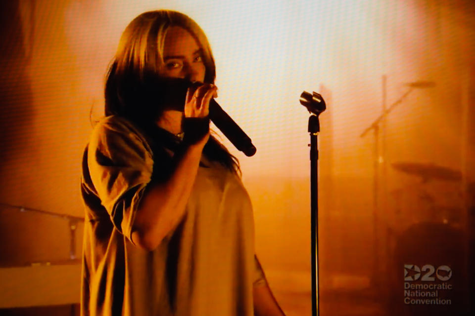 Singer Billie Eilish performs during the virtual 2020 Democratic National Convention, livestreamed online and viewed on a laptop screen from London, England, on August 20, 2020. The four-day event is taking place almost wholly remotely in response to the coronavirus pandemic. The convention last night saw former US Vice President Joe Biden formally nominated to lead the Democrats challenge against President Donald Trump and the Republican Party this autumn. The US presidential election is to take place on November 3. (Photo by David Cliff/NurPhoto via Getty Images)