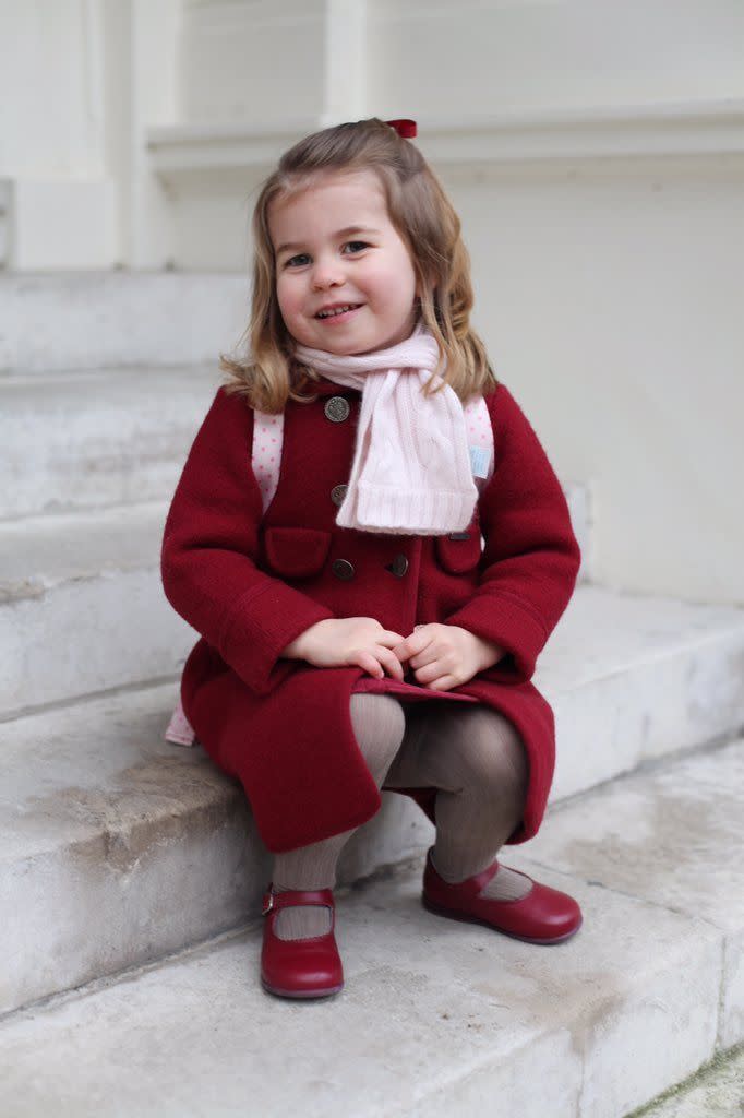 <p>Here's another photo of Charlotte on her <a href="https://www.townandcountrymag.com/society/tradition/a14586762/princess-charlotte-first-day-nursery-school/" rel="nofollow noopener" target="_blank" data-ylk="slk:first day of nursery school;elm:context_link;itc:0;sec:content-canvas" class="link ">first day of nursery school</a>. </p>