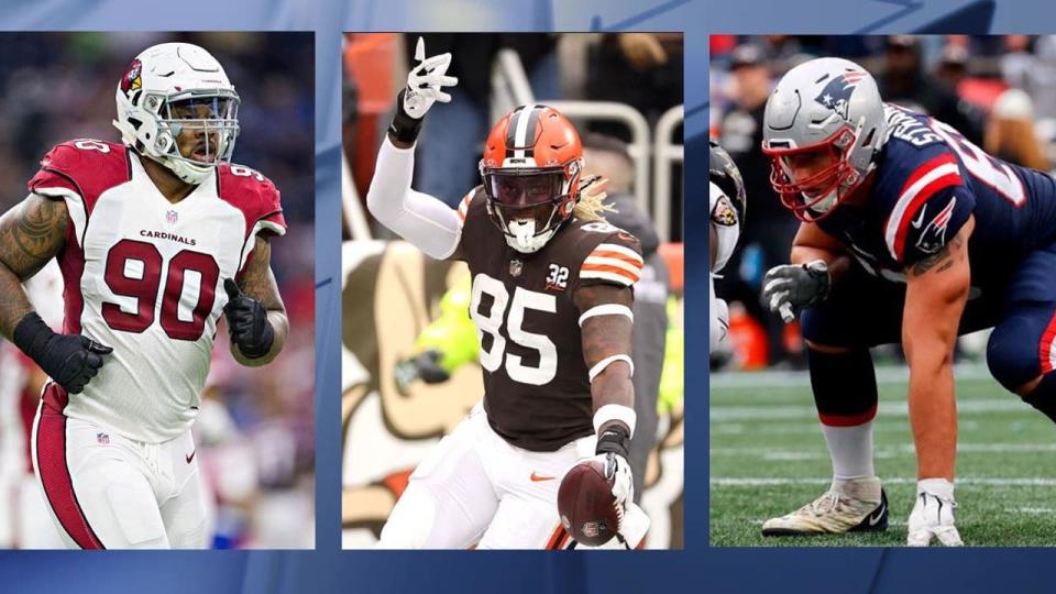 <div>Past pick 29s - Robert Nkemdiche, Cardinals, left, (Photo by Wesley Hitt/Getty Images), David Njoku, Browns (Photo by Gregory Shamus/Getty Images), Cole Strange, Patriots (Photo by Fred Kfoury III/Icon Sportswire via Getty Images)</div>