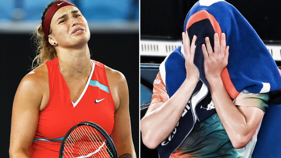 Aryna Sabalenka and Stefanos Tsitsipas, pictured here in action at the Australian Open.