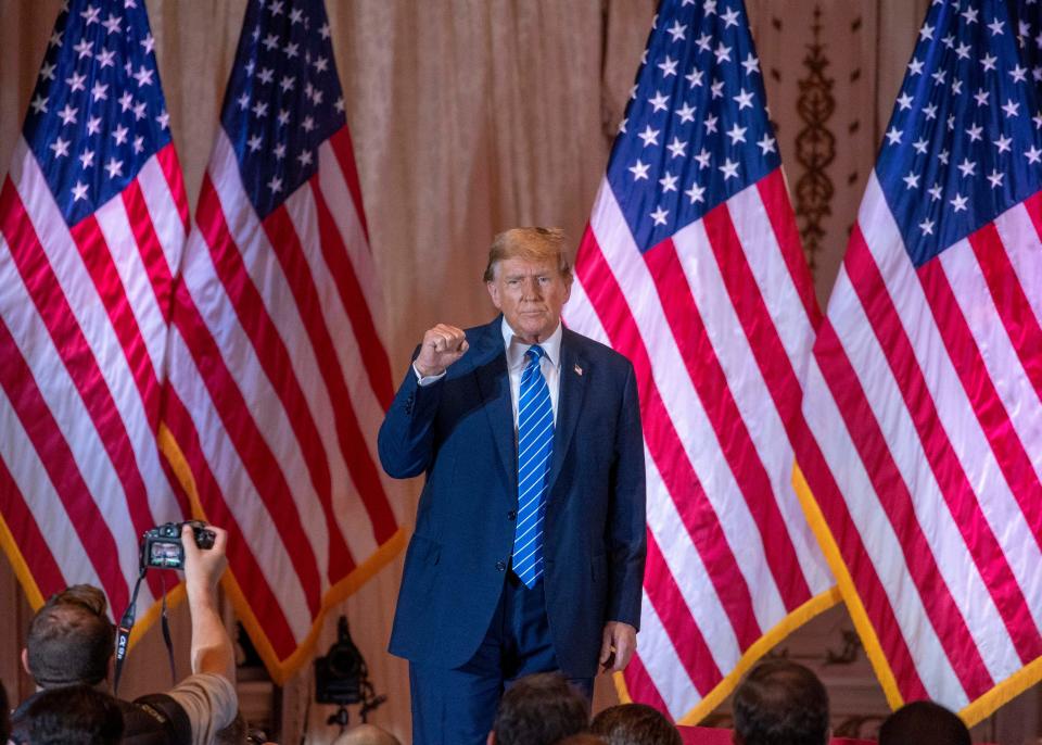 Former President Donald Trump celebrates at a Super Tuesday election-night watch party at Mar-a Lago on March 5, 2024 in Palm Beach.