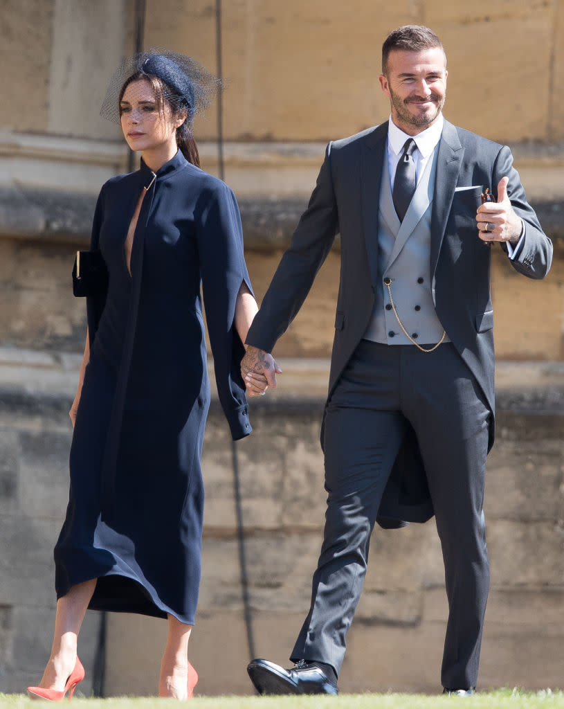 David and Victoria Beckham arrive at Windsor Castle for Prince Harry and Meghan Markle's wedding. (Getty Images) 