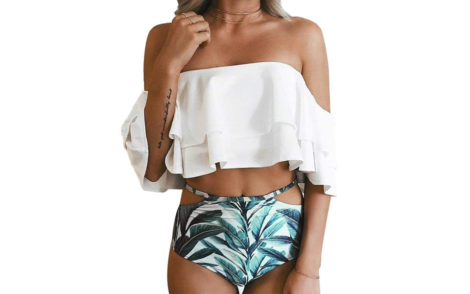 Tempt Me Two-piece Off-the-shoulder Ruffle Bikini Top and Cut-out Bottoms