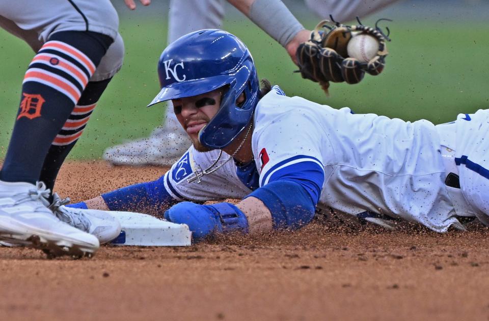 Royals shortstop Bobby Witt Jr. steals second base in the first inning against the Tigers in the Tigers' 10-3 loss on Tuesday, May 21, 2024, in Kansas City, Missouri.