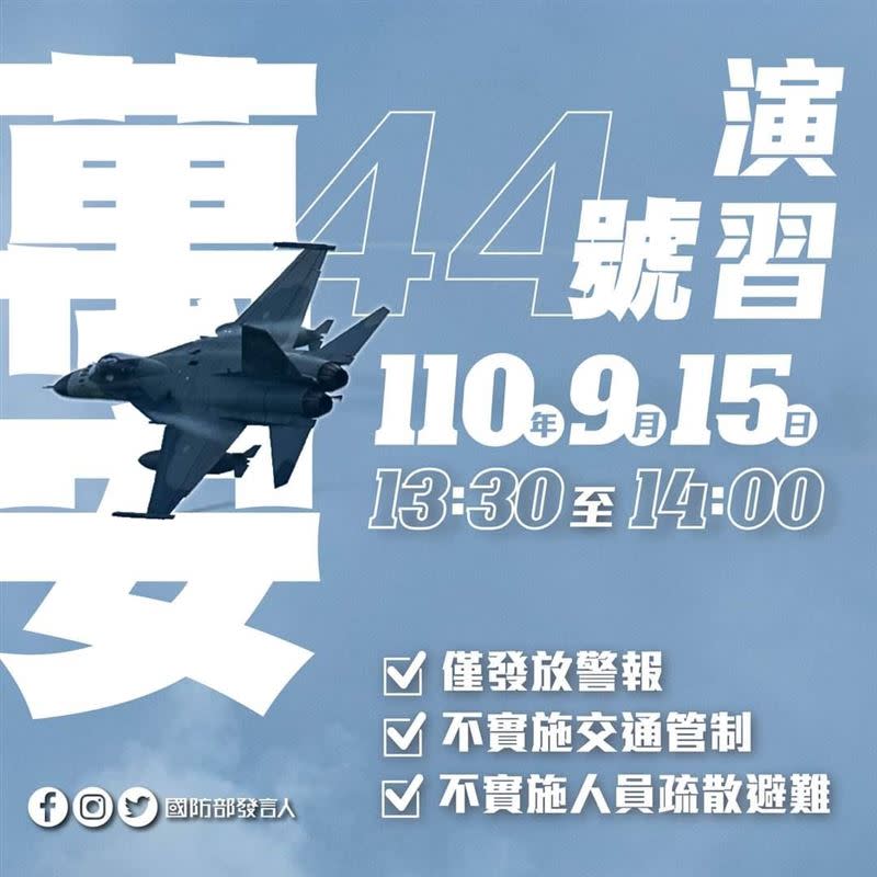  國防部表示，本次僅發放警報，不實施人、車管制及疏散避難。（圖／國防部提供）