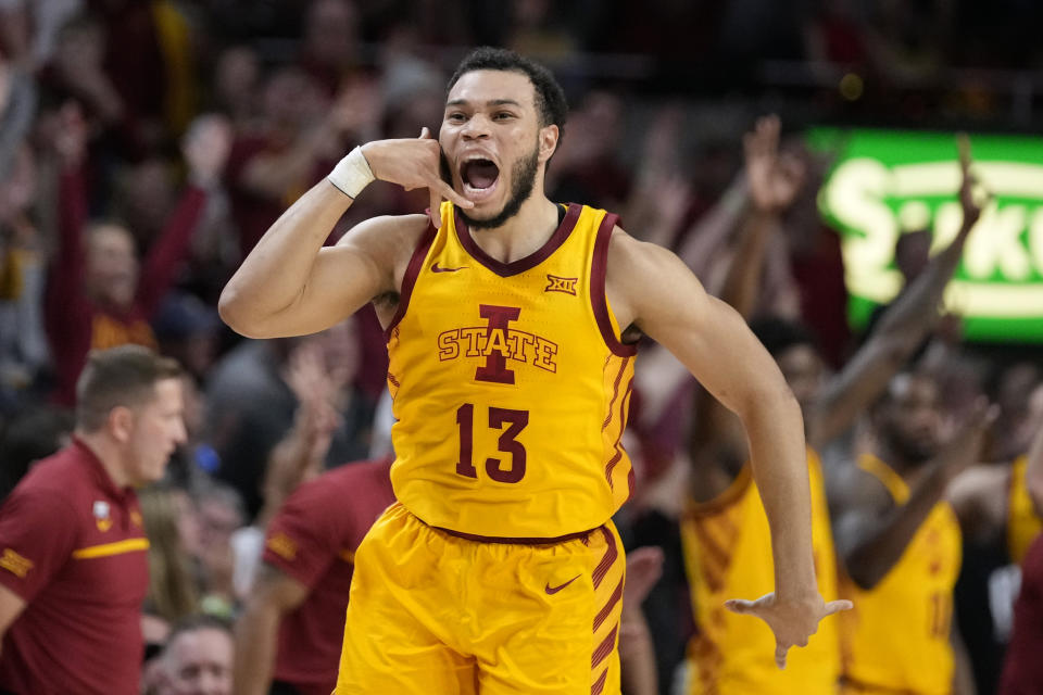 Iowa State guard Jaren Holmes celebrates after making a 3-point basket during the second half of an NCAA college basketball game against Kansas State, Tuesday, Jan. 24, 2023, in Ames, Iowa. (AP Photo/Charlie Neibergall)