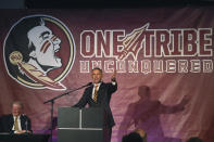 Florida State head football coach Mike Norvell answers a question at a news conference Sunday, Dec. 8, 2019, in Tallahassee, Fla. Norvell is Florida State’s new coach, taking over a Seminoles program that has struggled while he was helping to build Memphis into a Group of Five power. (AP Photo/Phil Sears)