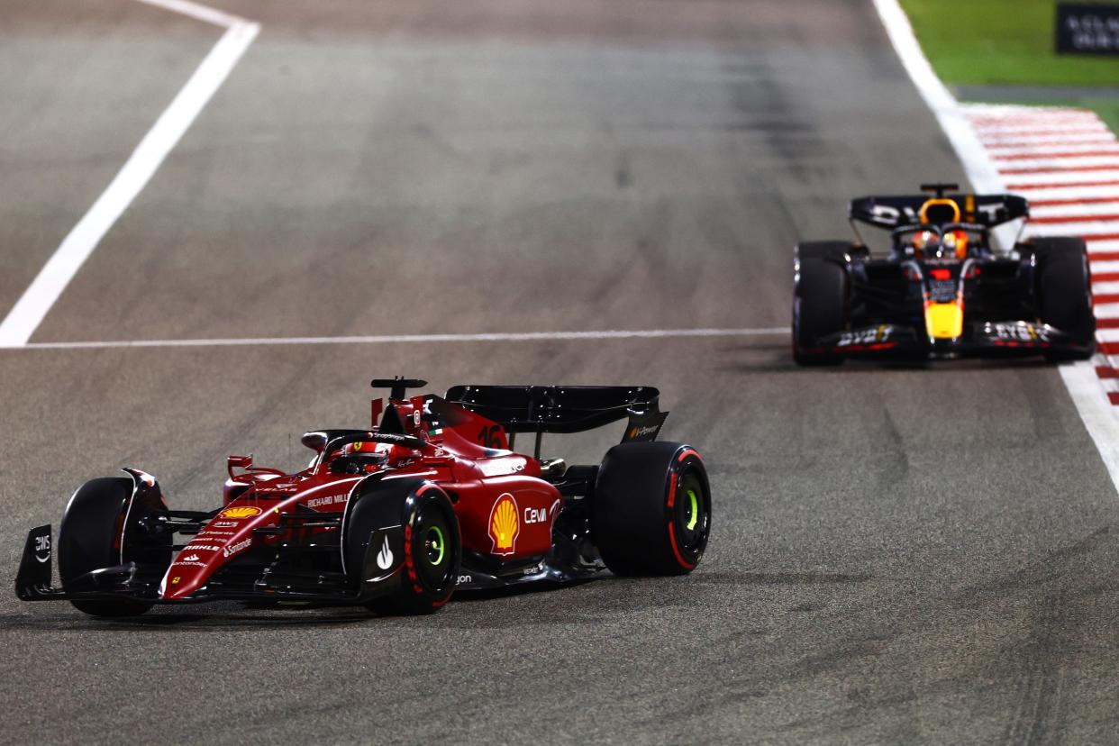 Charles Leclerc leads Max Verstappen at the Bahrain Gran Prix.
