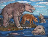 An illustration of the newfound species of hippopotamus-size mammals from Unalaska that suction-fed on shoreline vegetation.