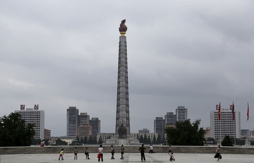 The Ju Che Tower from Kim Il Sung Square on July 21, 2013, in downtown Pyongyang, North Korea.