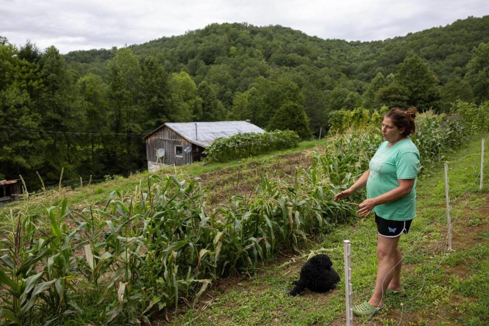 Maurice Cornett shows her garden, where she grows peas, corn, peppers, herbs, garlic and more in Letcher County, Ky, Tuesday, August 8, 2023.