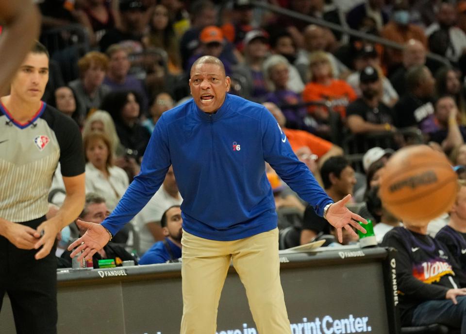 Mar 27, 2022; Phoenix, Arizona, United States;  Philadelphia 76ers head coach Doc Rivers argues for a call against the Phoenix Suns during the first quarter at Footprint Center.