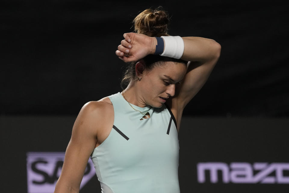 Maria Sakkari of Greece reacts after losing a point to Jessica Pegula of the United States, during a women's singles match at the WTA Finals tennis championships, in Cancun, Mexico, Thursday, Nov. 2, 2023. (AP Photo/Fernando Llano)