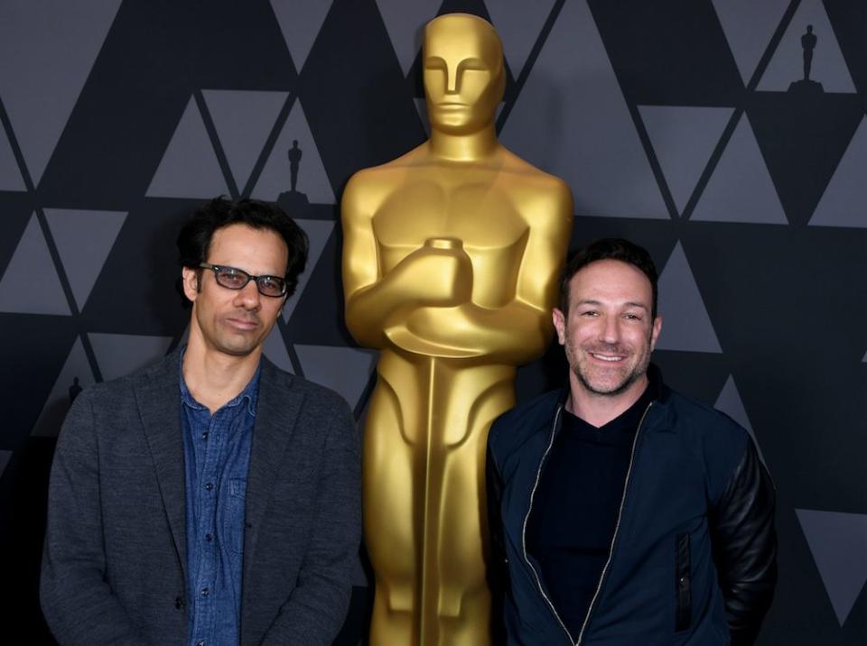 "Icarus" directors Dan Cogan and Bryan Fogel arrive at a pre-Oscars reception. (Photo: Getty)