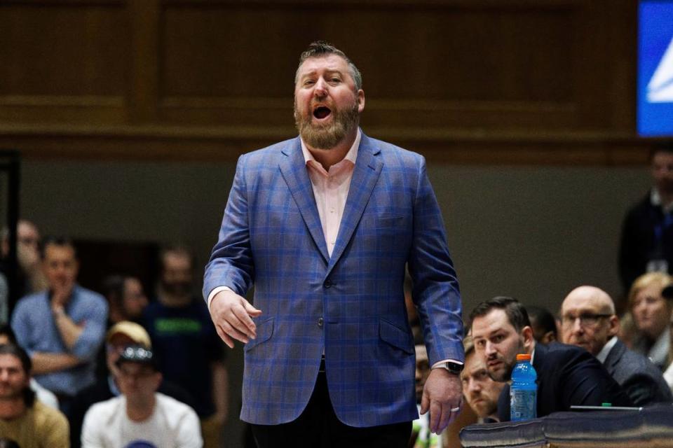 Queens head coach Grant Leonard during Saturday’s game at Duke. 