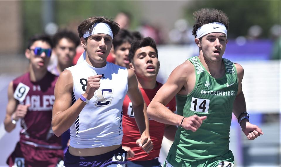 Breckenridge's Chase Lehr, right, battles Canadian's Lucas Rizo while Jim Ned's Chris Saling trails both in the 800 meters. Lehr, Rizo and Saling finished 1-2-3 in the event at the Region I-3A meet April 29 at ACU's Elmer Gray Stadium. Saling ended up getting a wild-card spot to state. The trio have the top three qualifying times at state.