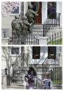 This combination of April 19, 2013 and April 9, 2014 photos show police going door-to-door as they searched for Boston Marathon bombing suspect Dzhokhar Tsarnaev in Watertown, Mass., and a child walking past the same home after school almost a year later. (AP Photo/Charles Krupa)