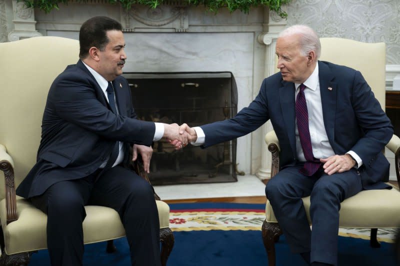 President Joe Biden meets with Prime Minister of Iraq Mohammed Shia' Al Sudani in the Oval Office on Monday. Photo by Bonnie Cash/UPI