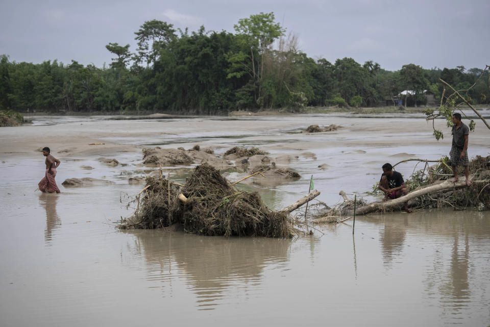 Villagers rest on an uprooted tree in flood waters in Barama, west of Guwahati, India, Friday, June 23, 2023. Tens of thousands of people have moved to relief camps with one person swept to death by flood waters caused by heavy monsoon rains battering swathes of villages in India’s remote northeast this week, a government relief agency said on Friday. (AP Photo/Anupam Nath)