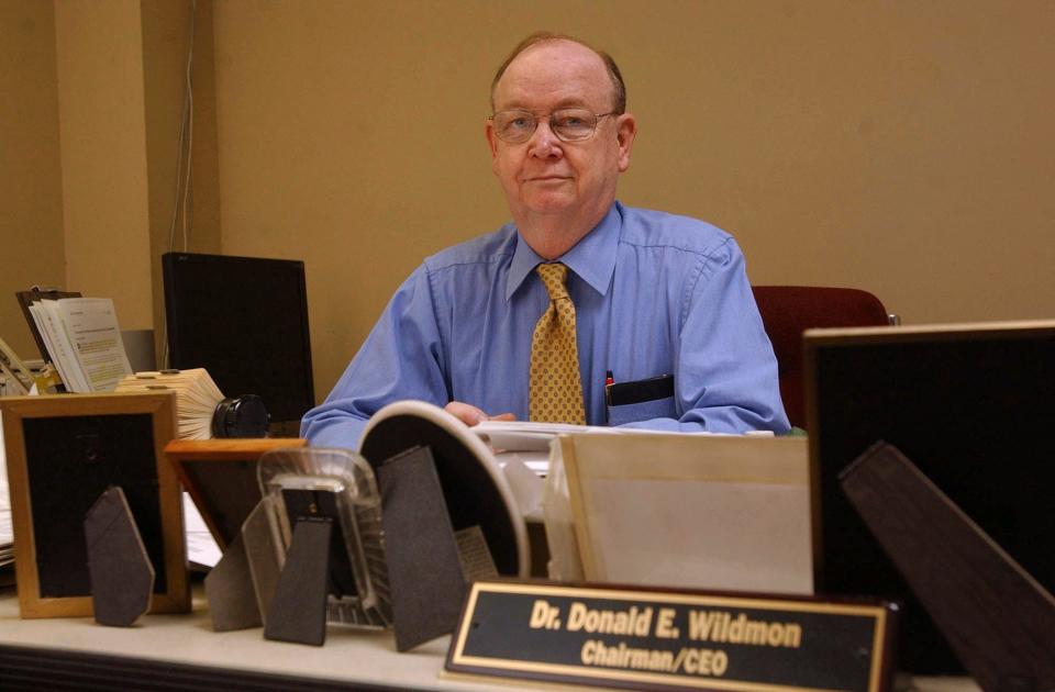 American Family Radio's Don Wildmon sits at his desk in his Tupelo, Miss., office March 3, 2005. Wildmon, the founder of the American Family Association, a conservative Christian advocacy group, has died, the organization announced Thursday, Dec. 28, 2023.