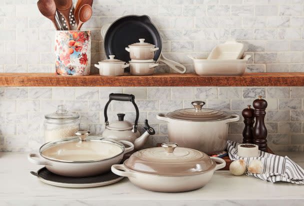 PHOTO: The new line of nutmeg Le Creuset pans, pots and more.  (Le Creuset)