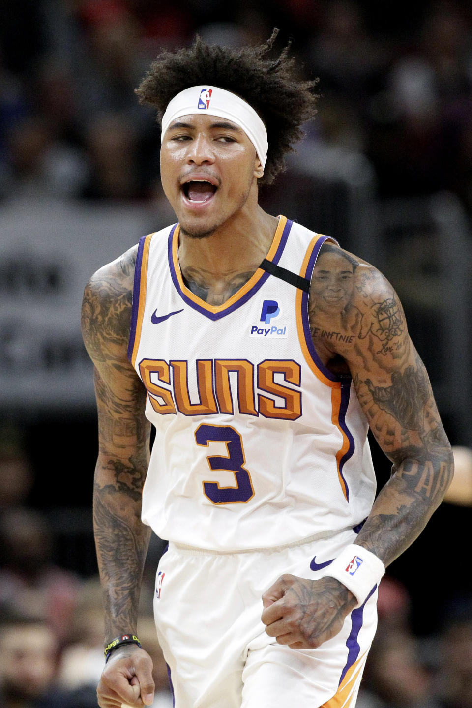 Phoenix Suns forward Kelly Oubre Jr. reacts after scoring during the first half of the team's NBA basketball game against the Chicago Bulls in Chicago, Saturday, Feb. 22, 2020. (AP Photo/Nam Y. Huh)